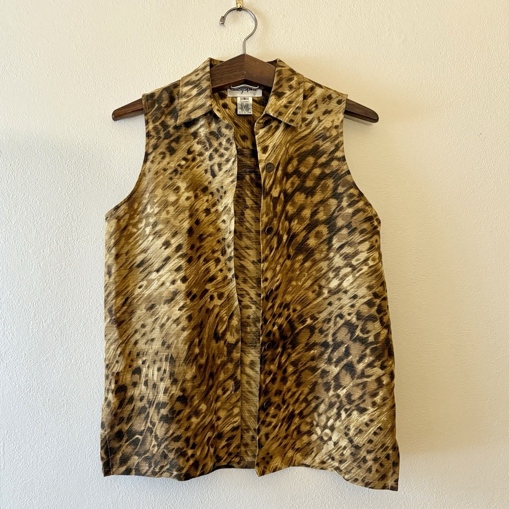 Vintage Easy Spirit Silk & Linen Top Leopard Sleeveless Blouse Womens S Mob Wife